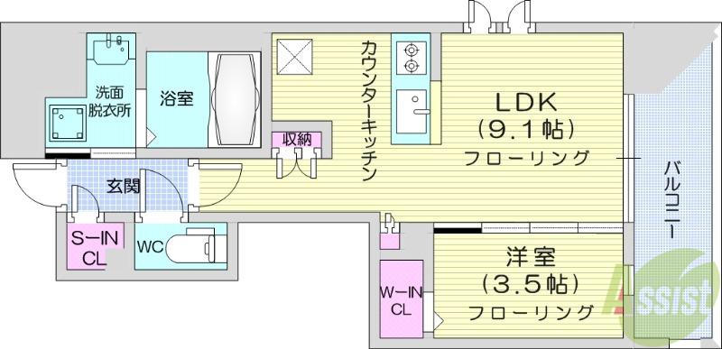 シーズンフラッツ仙台鉄砲町(1LDK/12階)の間取り写真