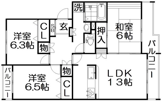 東香里野村マンション(3LDK/3階)の間取り写真