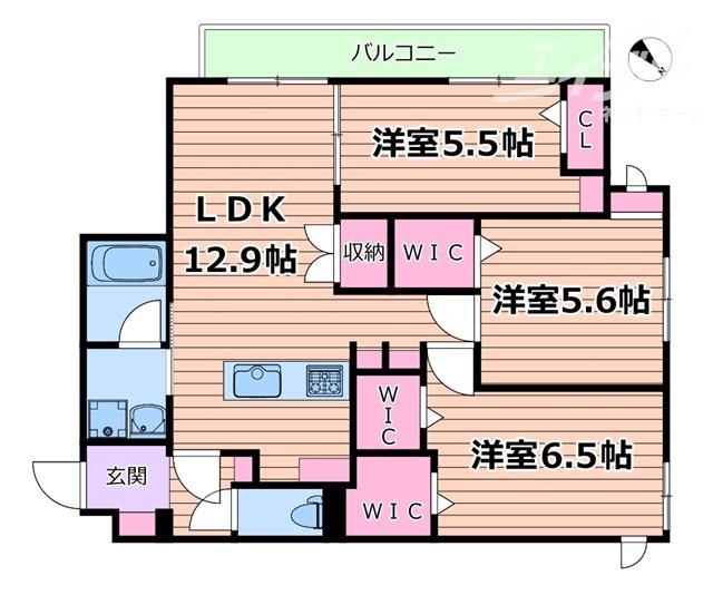 WELLEN岸辺(3LDK/3階)の間取り写真