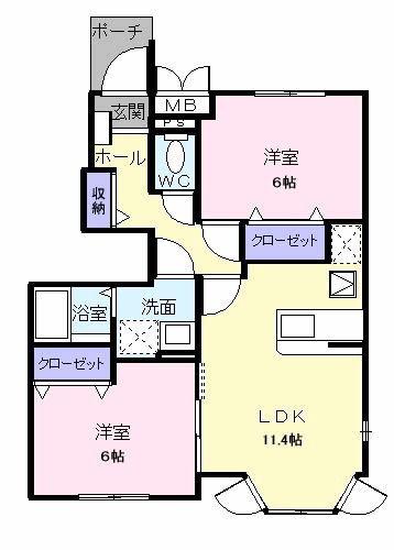 アクティ北鴨 C(2LDK/1階)の間取り写真