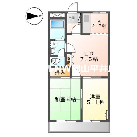 ＪＲ山陽本線 東岡山駅 徒歩8分 2階建 築28年(2LDK/2階)の間取り写真