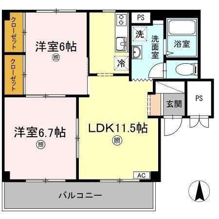 グランデュール高柳 A棟(2LDK/1階)の間取り写真