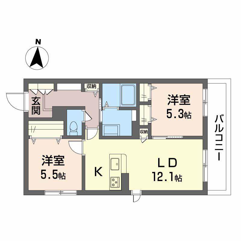 シャーメゾンシャルム磯上(2LDK/2階)の間取り写真