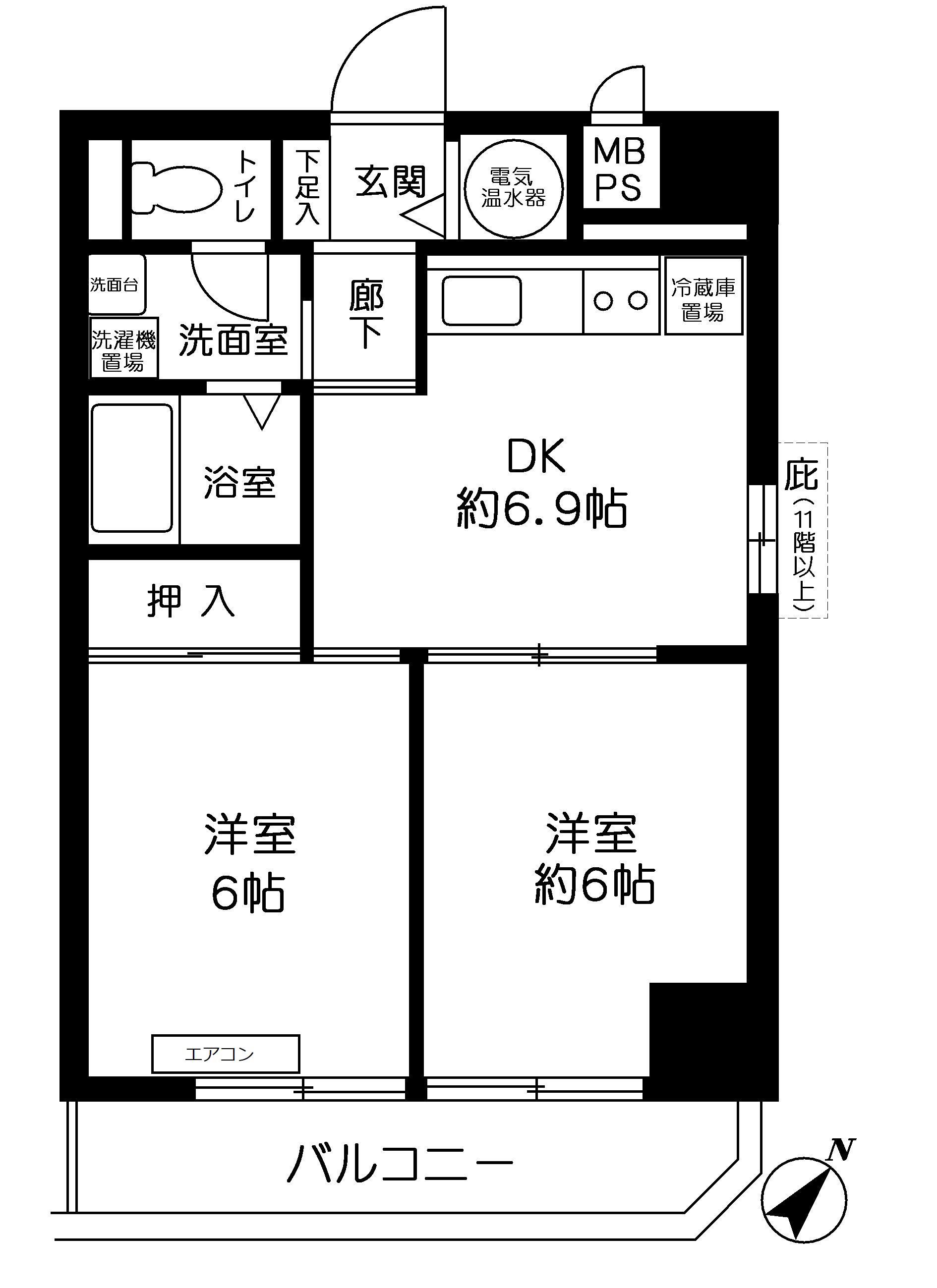 日本橋箱崎ハイツ(2DK/13階)の間取り写真