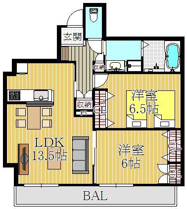 LALABREZZA芦屋翠ヶ丘(2LDK/2階)の間取り写真