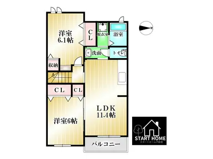 サンセール・ポワ・メゾンII B(2LDK/2階)の間取り写真