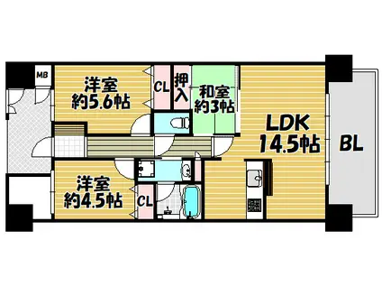 クレアシティ住道(3LDK/4階)の間取り写真