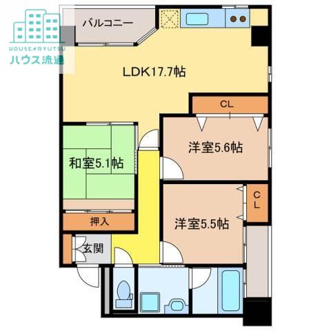 ヒルズ文教(3LDK/5階)の間取り写真