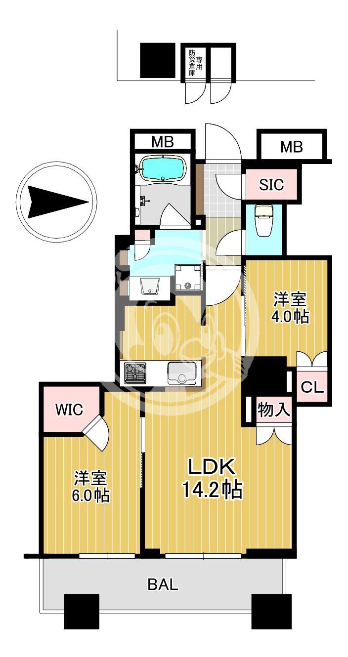 ブランズタワー大阪本町(2LDK/9階)の間取り写真