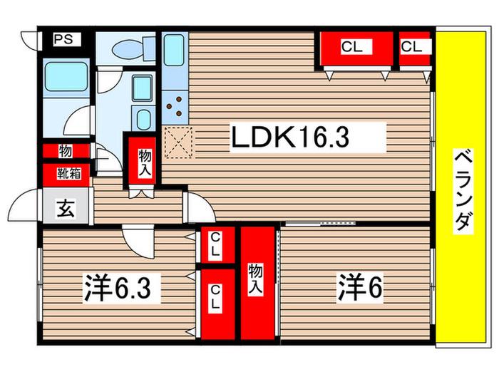 カトルセゾン相生 A 棟(2LDK/1階)の間取り写真