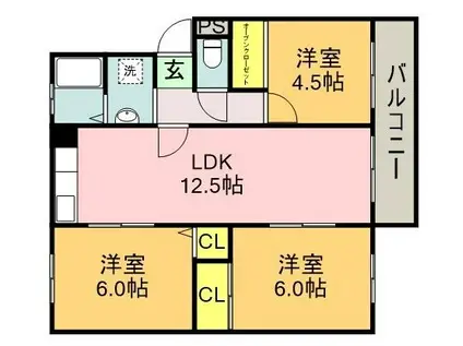 高倉台12団地 61号棟(3LDK/4階)の間取り写真