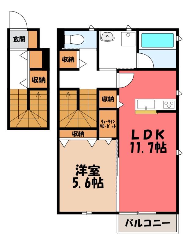シャルールB(1LDK/2階)の間取り写真