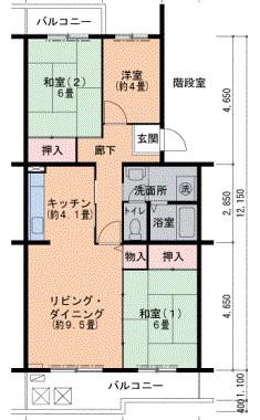 鹿の子台北ハイツ(3LDK/4階)の間取り写真