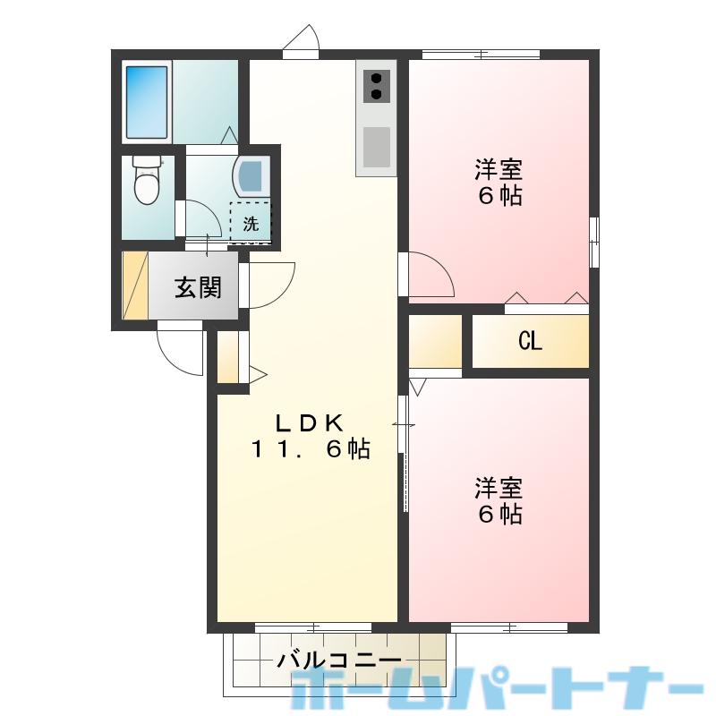 ブルーウイングB棟(2LDK/1階)の間取り写真