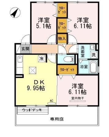 セラリッシュB棟(3DK/1階)の間取り写真