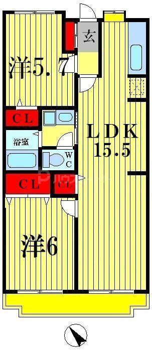 グリーンヒルズ南流山(2LDK/3階)の間取り写真