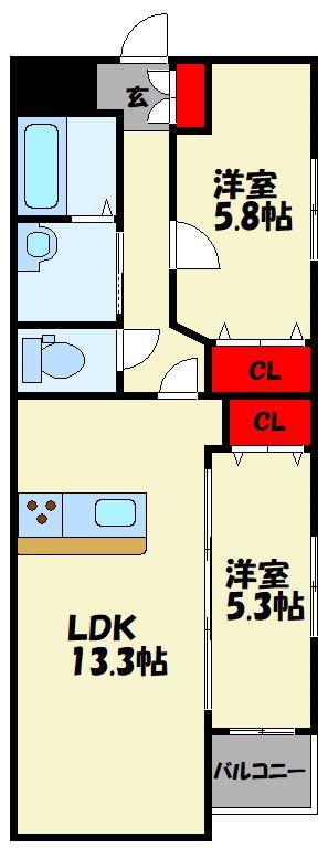 グランドゥール有安(2LDK/5階)の間取り写真