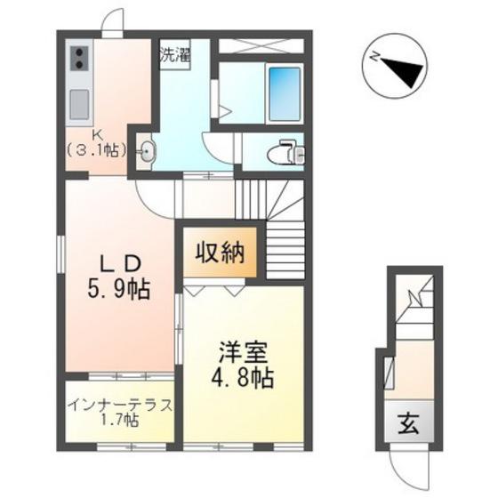 シャトー開成(1LDK/2階)の間取り写真
