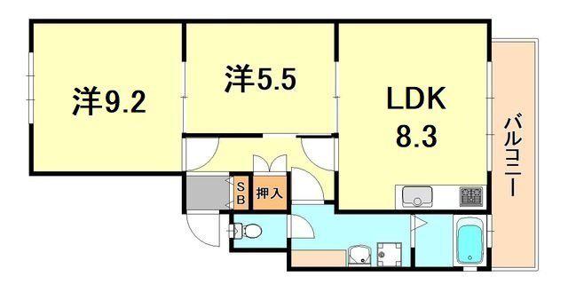 芦屋レジデンス(2LDK/2階)の間取り写真