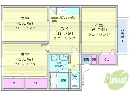 ヴィルヌーブ岩切B(3DK/2階)の間取り写真
