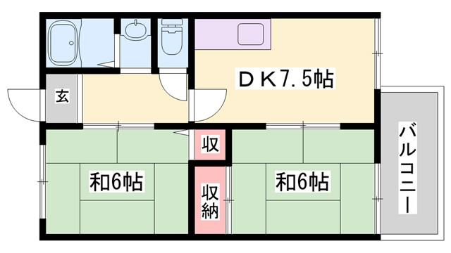 アシーネ加古川B棟(2DK/1階)の間取り写真