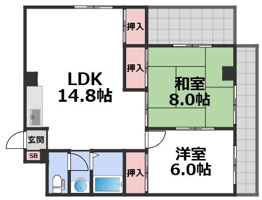 シャンボール今里II番館(2LDK/2階)の間取り写真