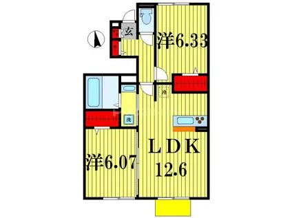 グランデ B棟(2LDK/1階)の間取り写真