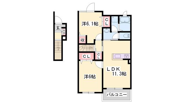 ネオ・ヒルサイド(2LDK/2階)の間取り写真