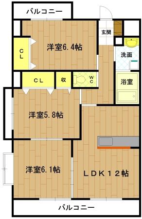 近鉄山田線 宮町駅 徒歩37分 6階建 築21年(3LDK/4階)の間取り写真