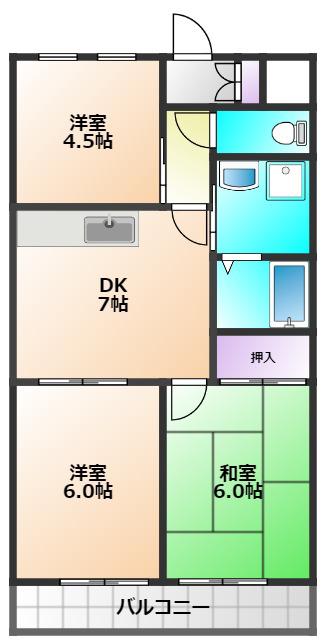 ウエストエンドB棟(3DK/2階)の間取り写真