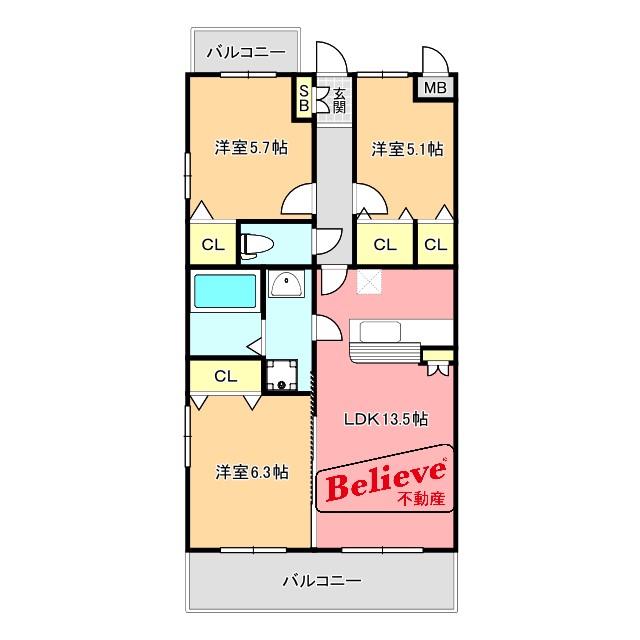 ポルタ フォルトゥーナ(3LDK/5階)の間取り写真