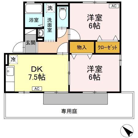 プリシェールC棟(2DK/1階)の間取り写真