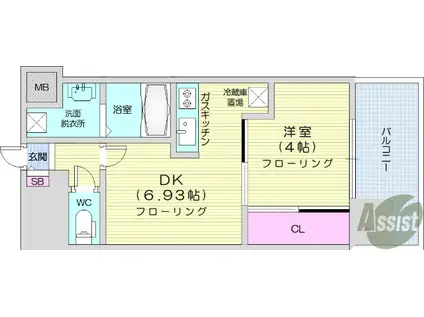 アルティザ仙台花京院(1DK/4階)の間取り写真