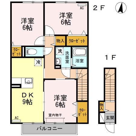 グランリーオA棟(3DK/2階)の間取り写真
