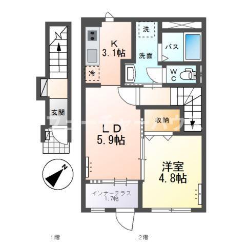 那珂市菅谷字寄居 アパート(1LDK/2階)の間取り写真