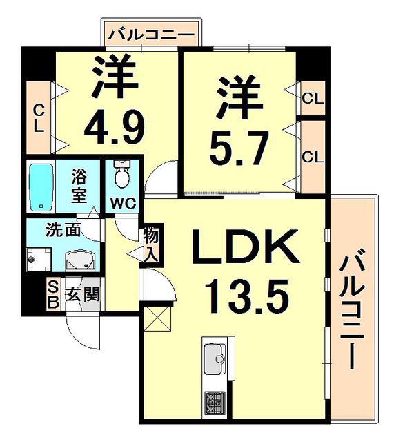 CRYSTA荒牧(2LDK/4階)の間取り写真