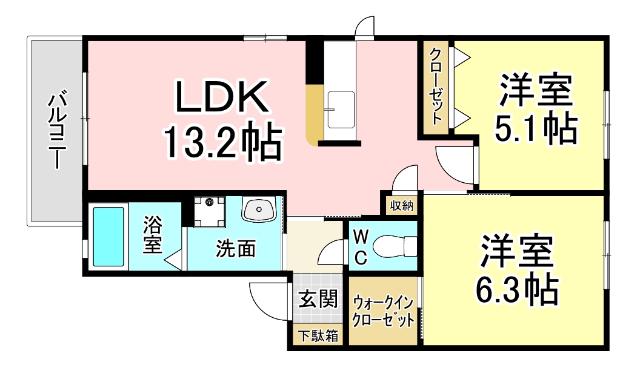 メゾンドマシェリA棟(2LDK/2階)の間取り写真