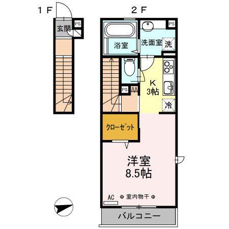 ヴェルサン調布(1K/2階)の間取り写真