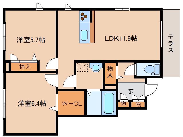 アシスト木津 A棟(2LDK/1階)の間取り写真