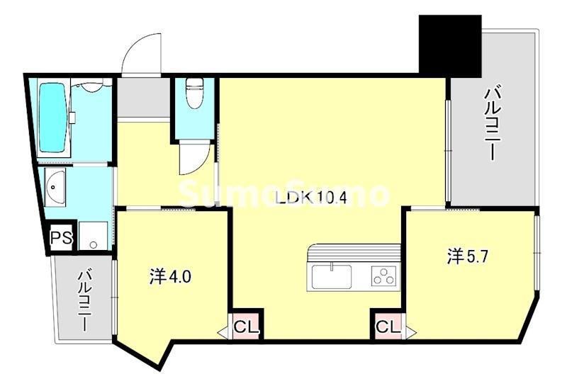 プリオーレ神戸大開通(2LDK/9階)の間取り写真