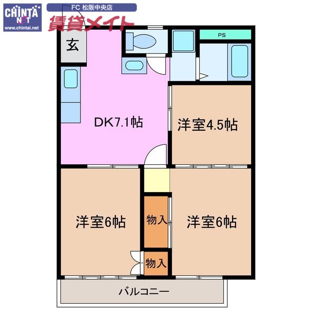 メゾンボヌール(3DK/2階)の間取り写真