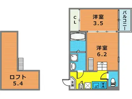 ハーモニーテラス深江南町(1DK/2階)の間取り写真