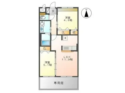 グレイスヴィラ広瀬 A棟(2LDK/1階)の間取り写真