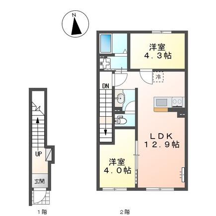 リバーヒルズ大津町 1LDK2LDK(2LDK/2階)の間取り写真