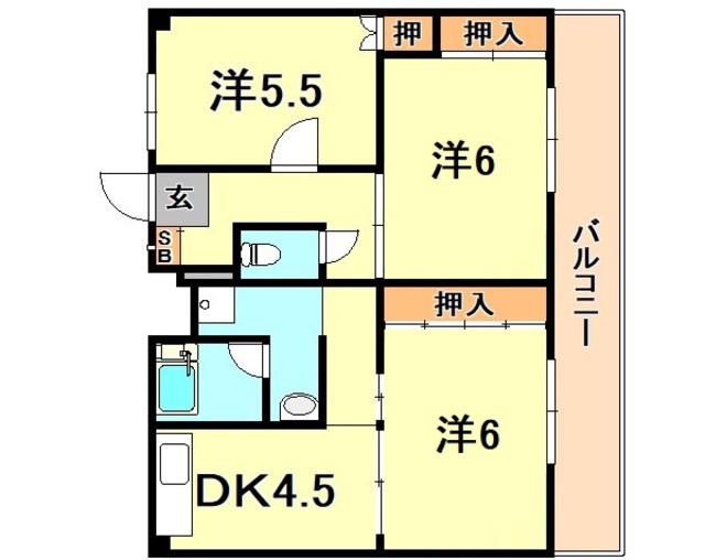 ビレッジハウス奥北野 1号棟(3DK/1階)の間取り写真
