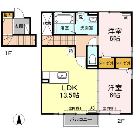 ウィルコート大松 B棟(2LDK/2階)の間取り写真