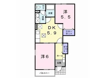 アヴェニール葉中(2DK/1階)の間取り写真