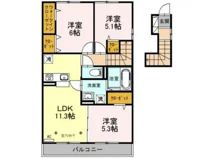 東武東上線 朝霞駅 徒歩39分 2階建 築7年(3LDK/2階)の間取り写真