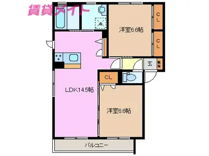 ヴィラーチェ A棟(2LDK/2階)の間取り写真