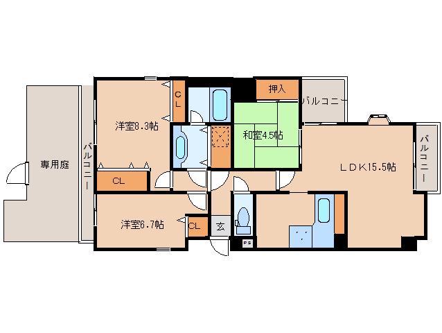 フォルム学園前(3LDK/1階)の間取り写真